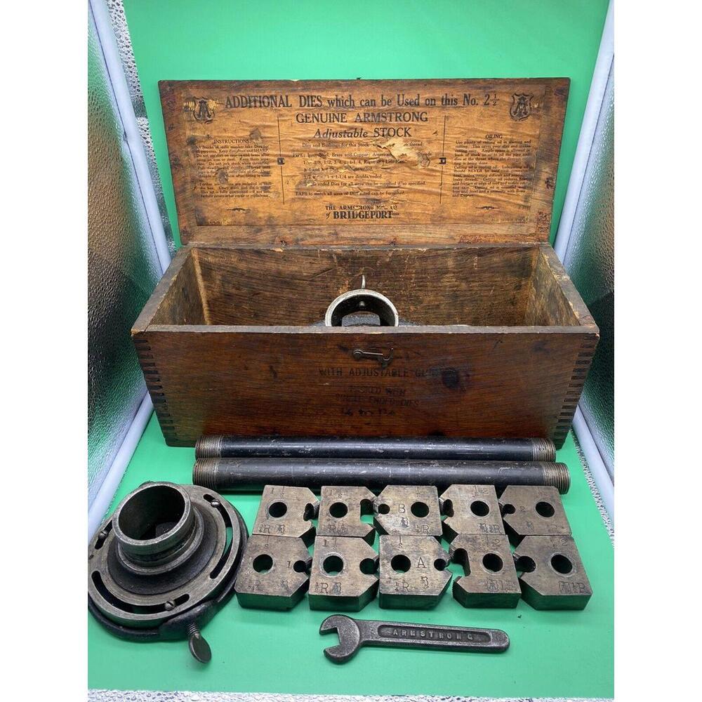 Antique Armstrong No.2 Wood Box Stock & Die Pipe Threader Set, Bridgeport Conn
